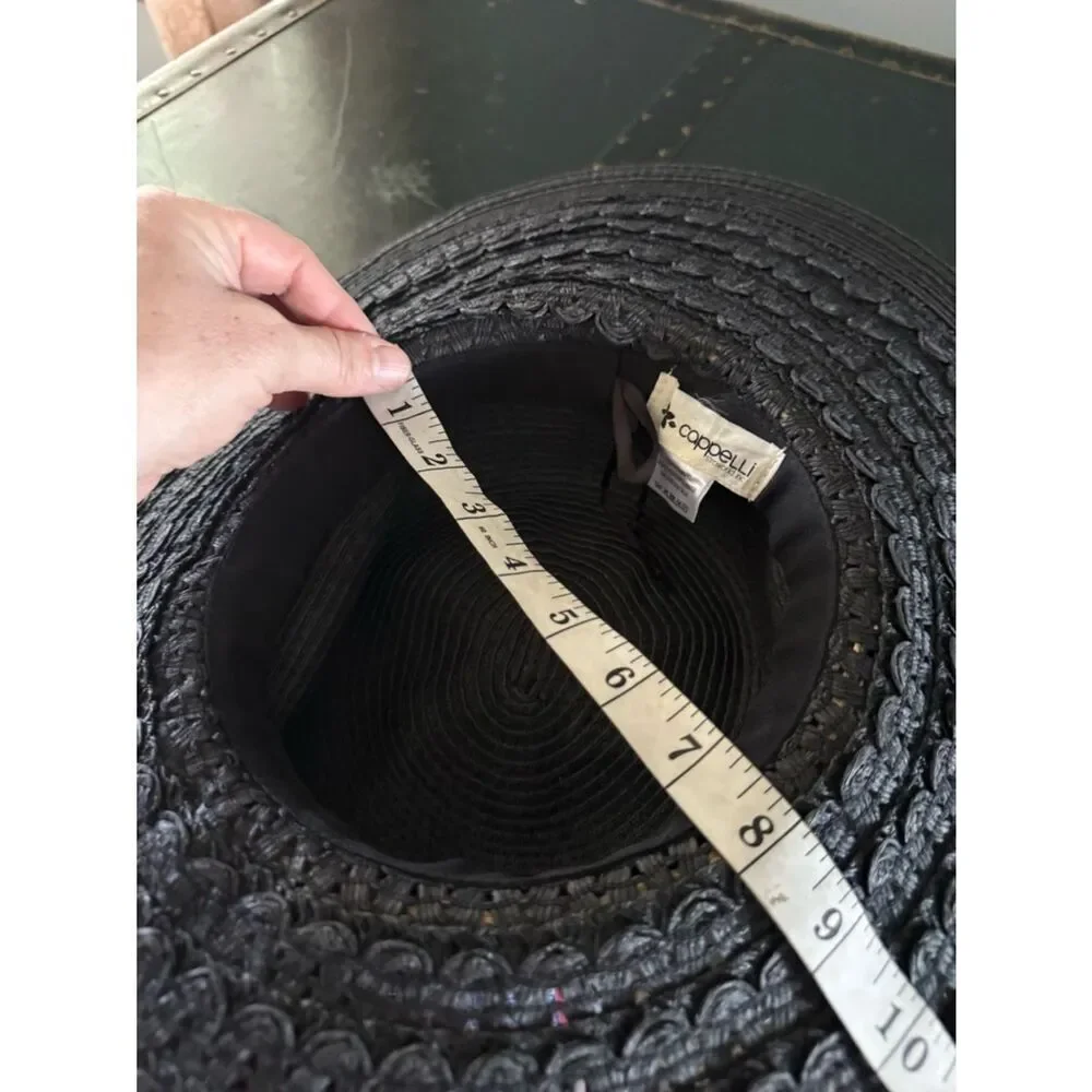 Cappella Straw World Sun Hat Womens One Size Black Wide Brim Paper Straw Beach